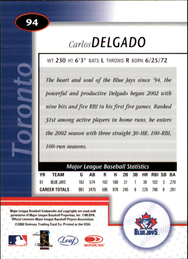 2002 Leaf Certified #94 Carlos Delgado back image