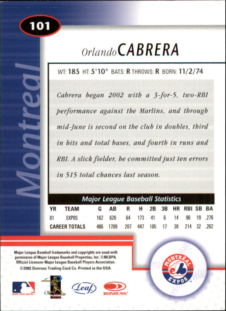 2002 Leaf Certified #101 Orlando Cabrera back image