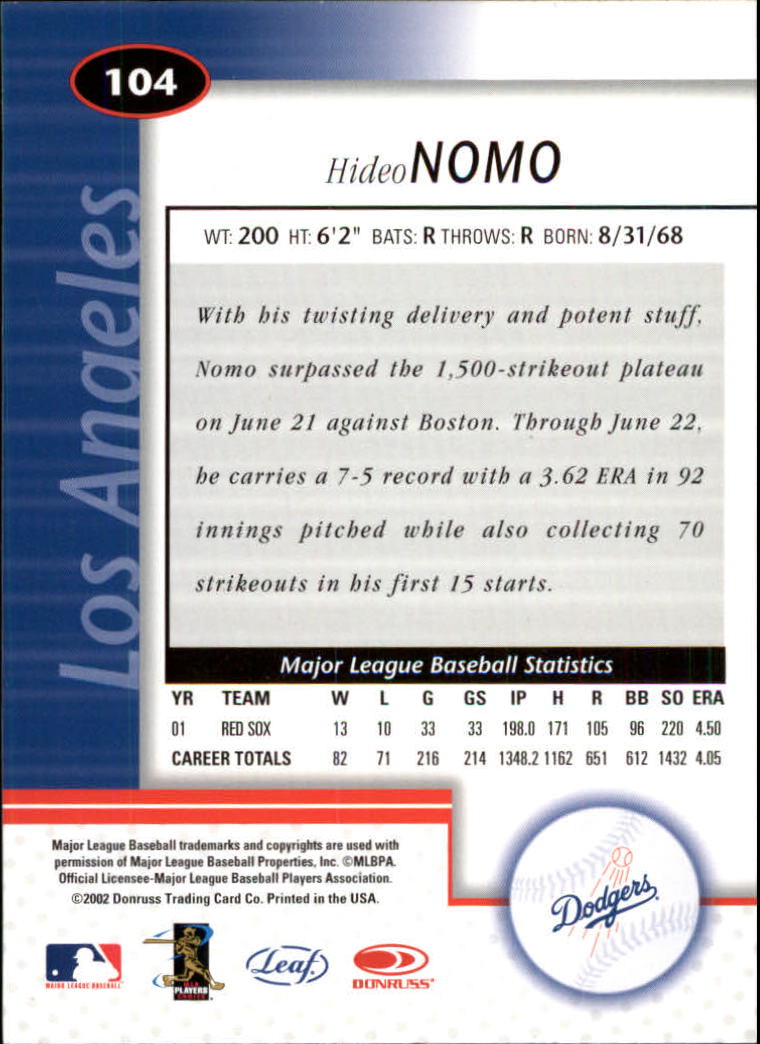 2002 Leaf Certified #104 Hideo Nomo back image