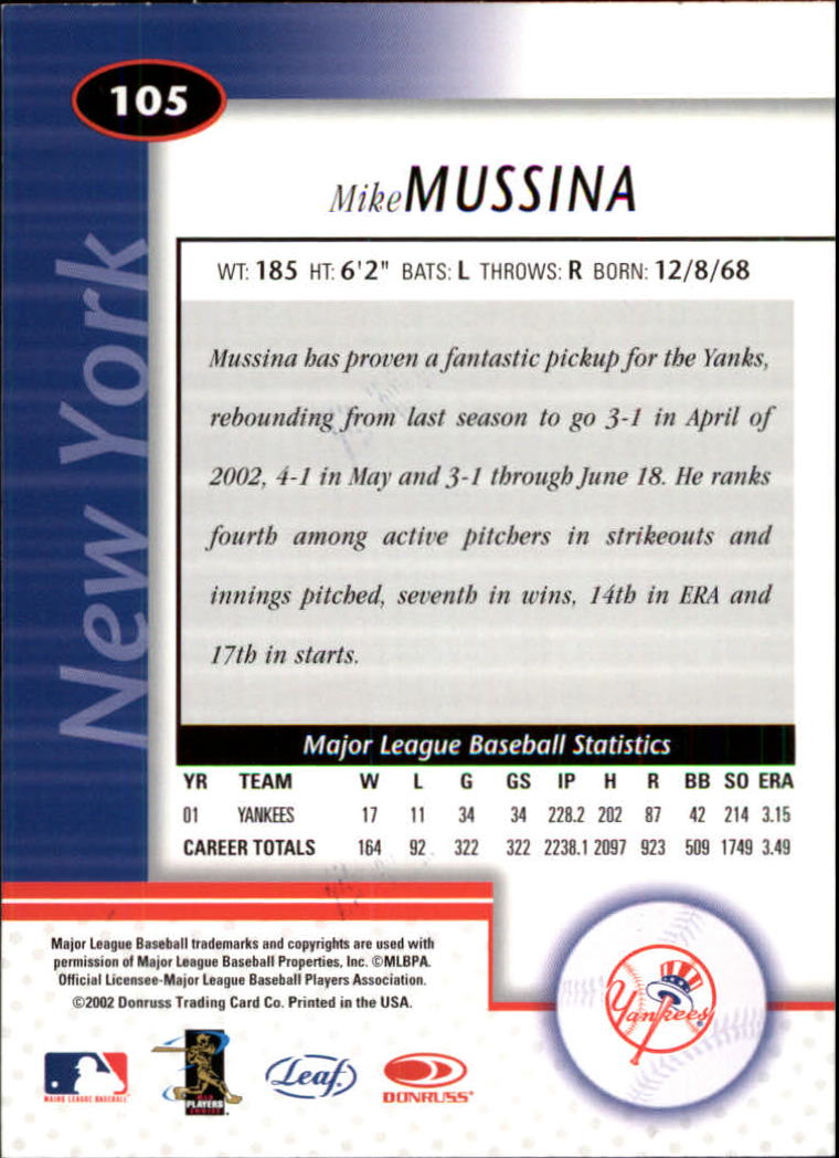 2002 Leaf Certified #105 Mike Mussina back image