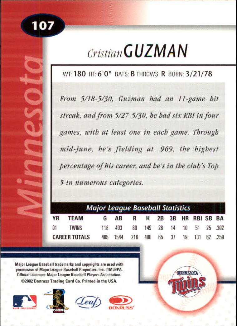 2002 Leaf Certified #107 Cristian Guzman back image