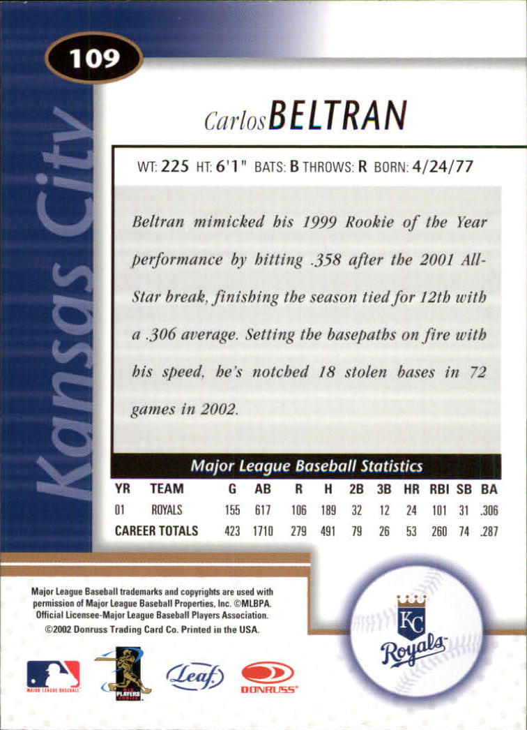 2002 Leaf Certified #109 Carlos Beltran back image
