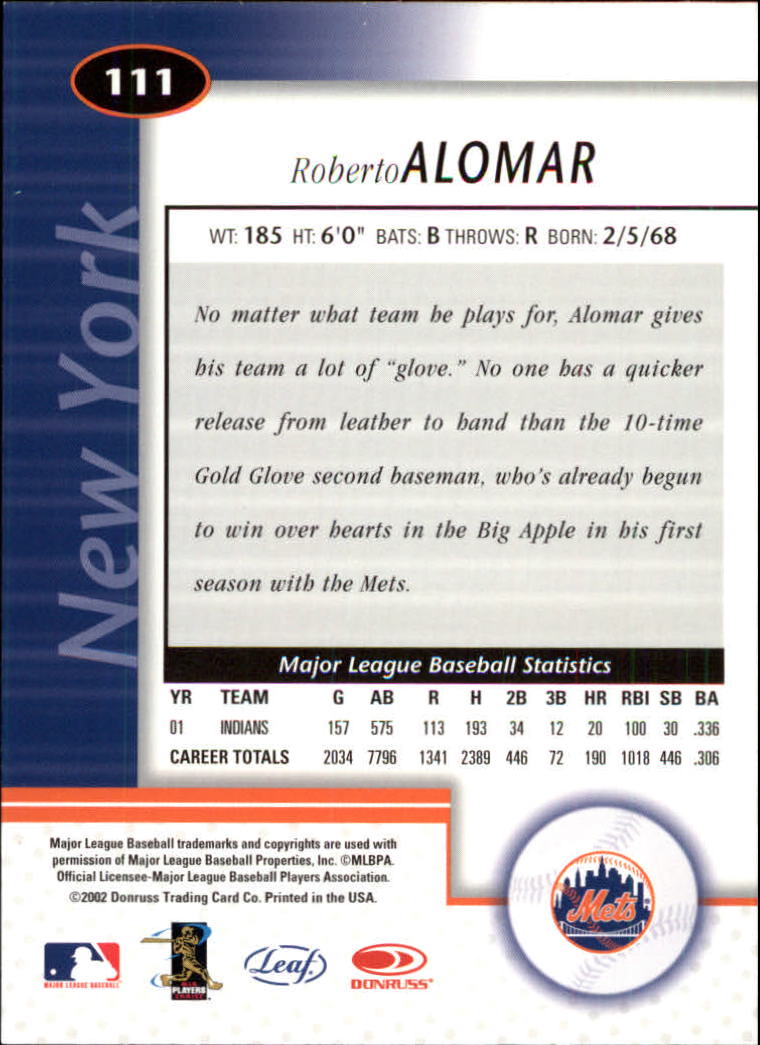 2002 Leaf Certified #111 Roberto Alomar back image