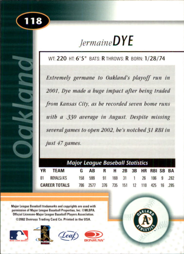 2002 Leaf Certified #118 Jermaine Dye back image