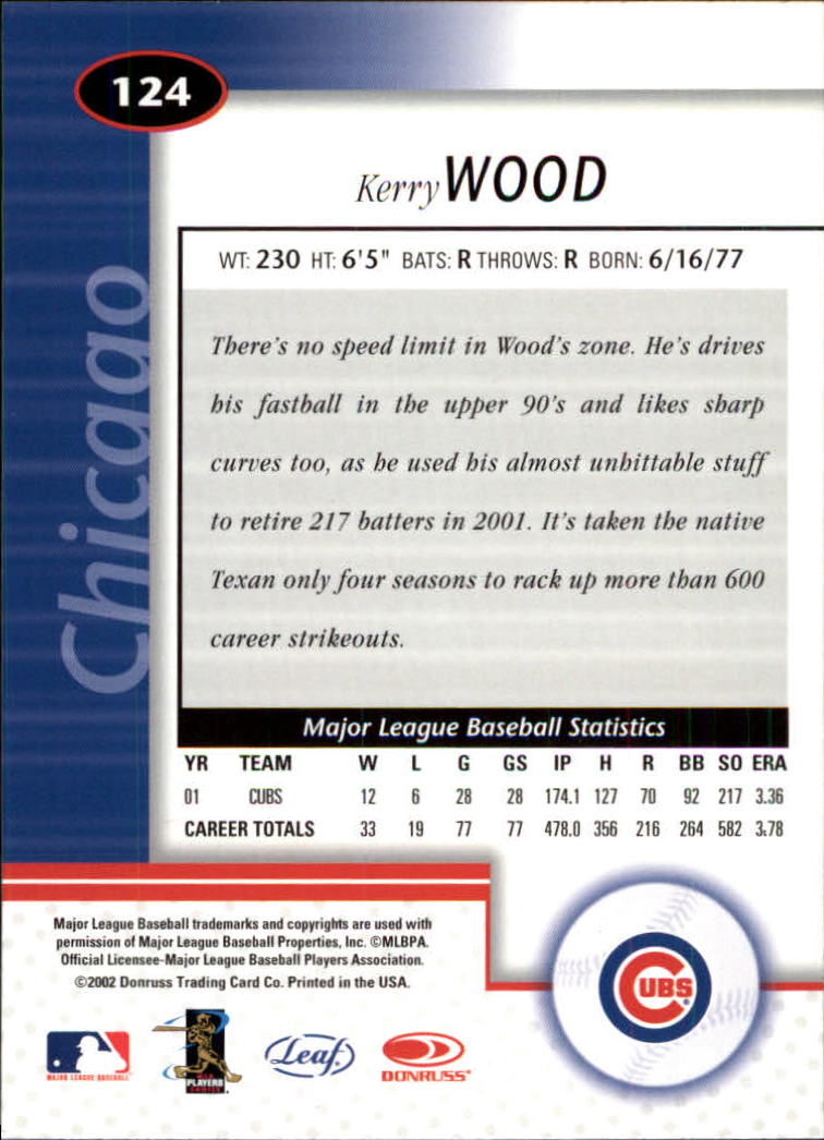 2002 Leaf Certified #124 Kerry Wood back image