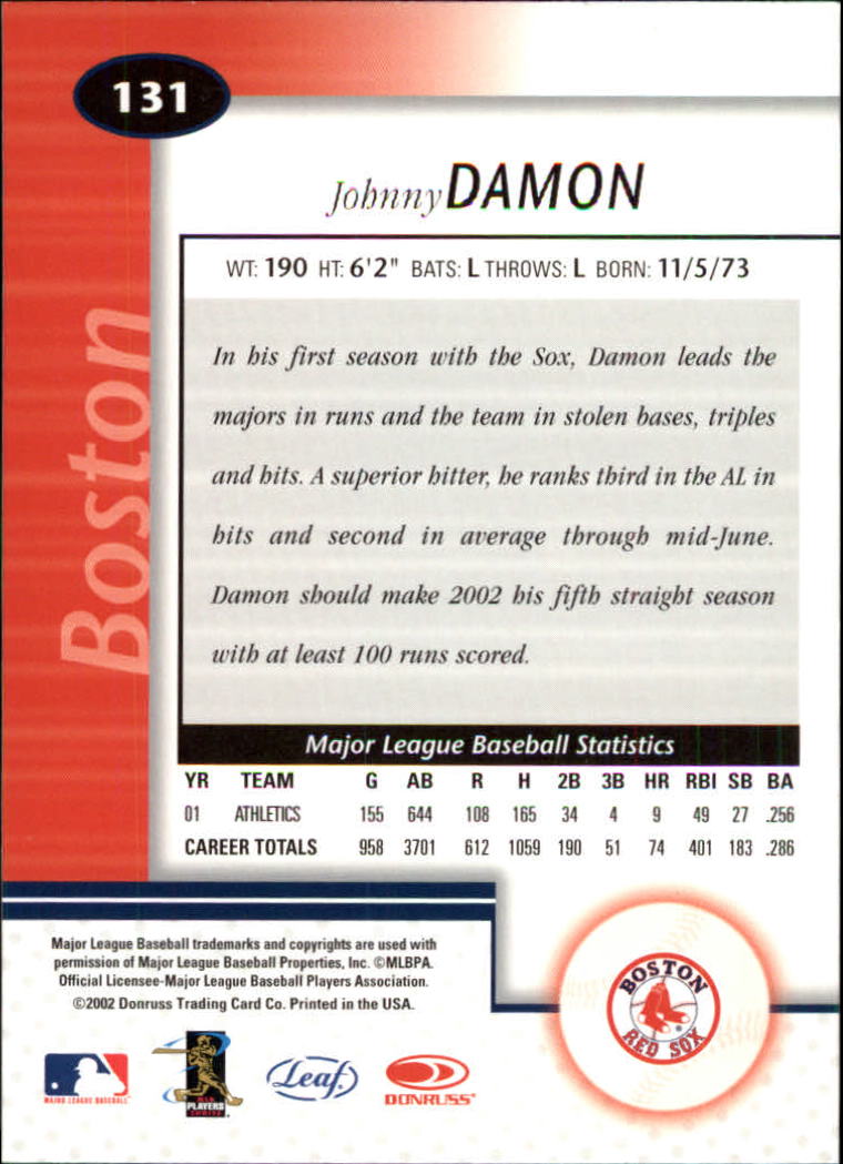 2002 Leaf Certified #131 Johnny Damon Sox back image