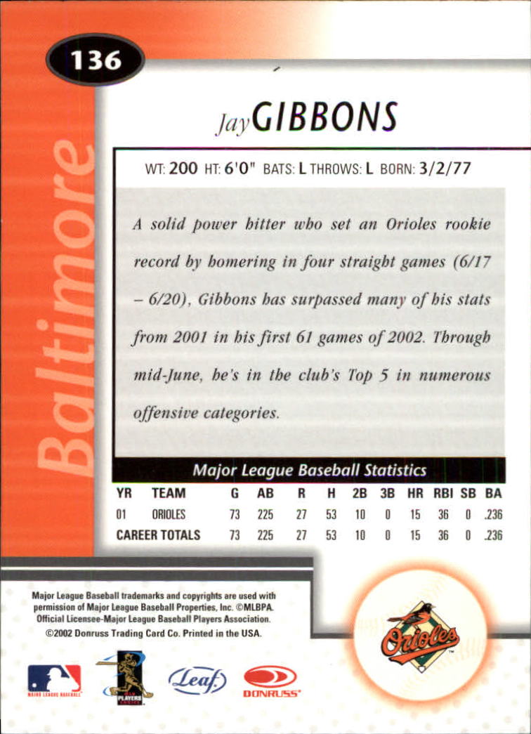 2002 Leaf Certified #136 Jay Gibbons back image