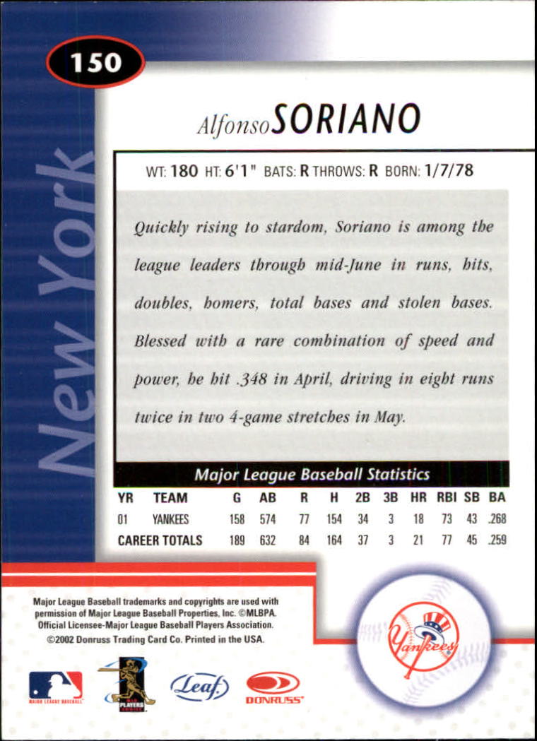 2002 Leaf Certified #150 Alfonso Soriano back image