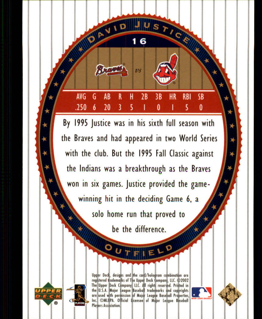 2002 Upper Deck World Series Heroes #16 Dave Justice back image