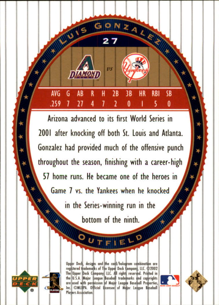 2002 Upper Deck World Series Heroes #27 Luis Gonzalez back image