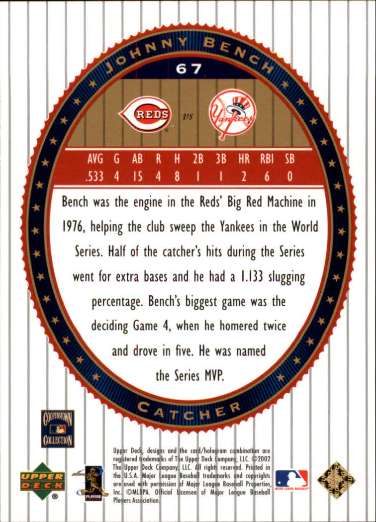 2002 Upper Deck World Series Heroes #67 Johnny Bench back image
