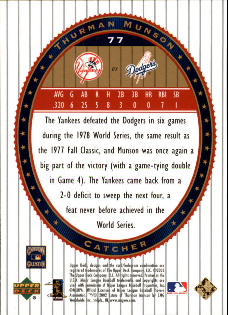 2002 Upper Deck World Series Heroes #77 Thurman Munson back image