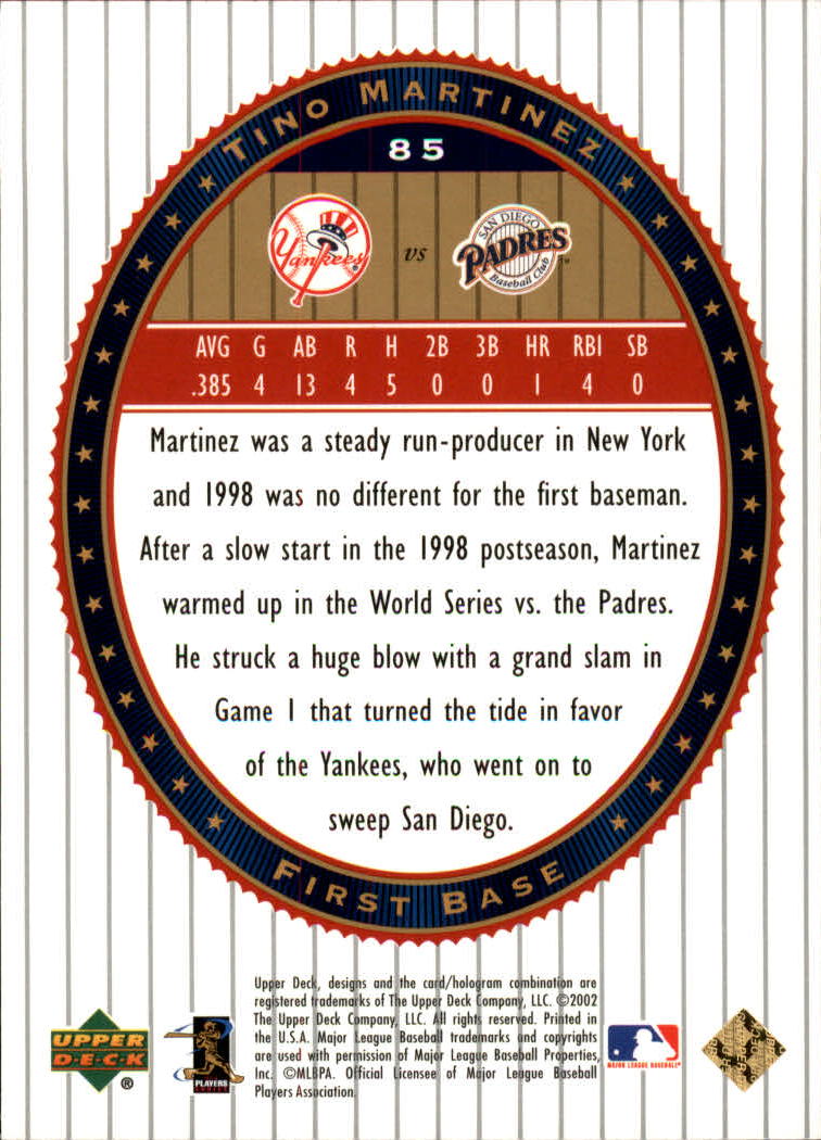 2002 Upper Deck World Series Heroes #85 Tino Martinez back image