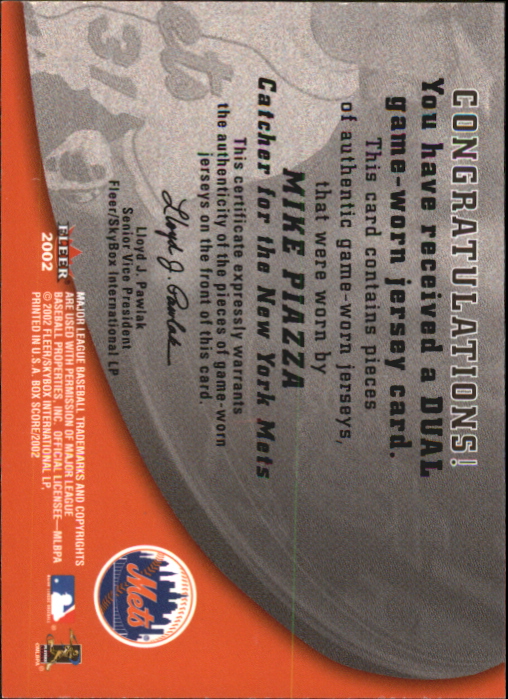 2002 Fleer Box Score Amazing Greats Dual Swatch #10 Mike Piazza back image