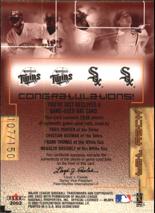 2002 Fleer Box Score Bat Rack Quads #1 Torii/Guz/Thomas/Magglio back image
