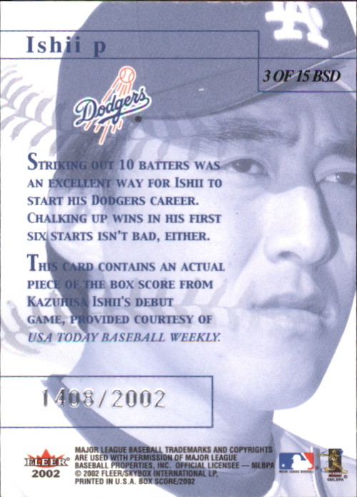 2002 Fleer Box Score Debuts #3 Kazuhisa Ishii back image