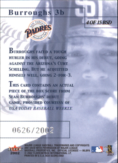 2002 Fleer Box Score Debuts #4 Sean Burroughs back image