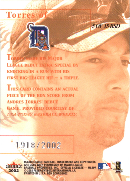 2002 Fleer Box Score Debuts #5 Andres Torres back image