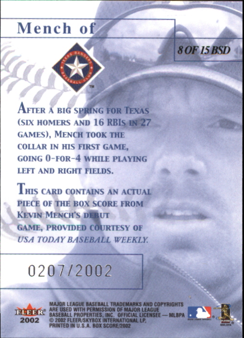 2002 Fleer Box Score Debuts #8 Kevin Mench back image