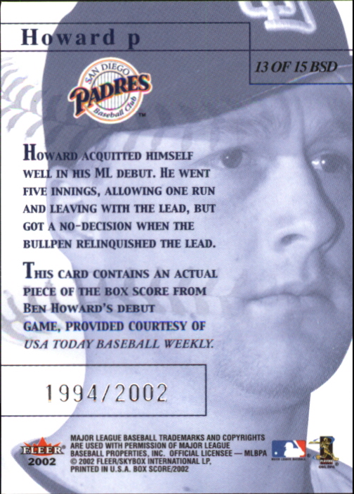 2002 Fleer Box Score Debuts #13 Ben Howard back image