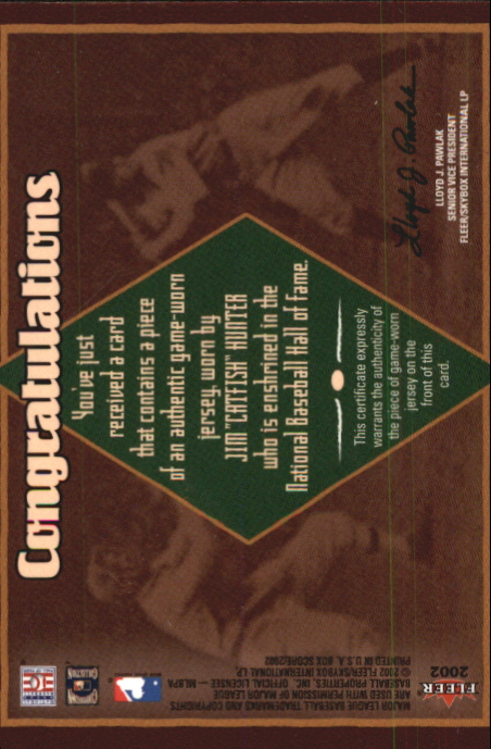 2002 Fleer Box Score Hall of Fame Material #8 Catfish Hunter Jsy back image