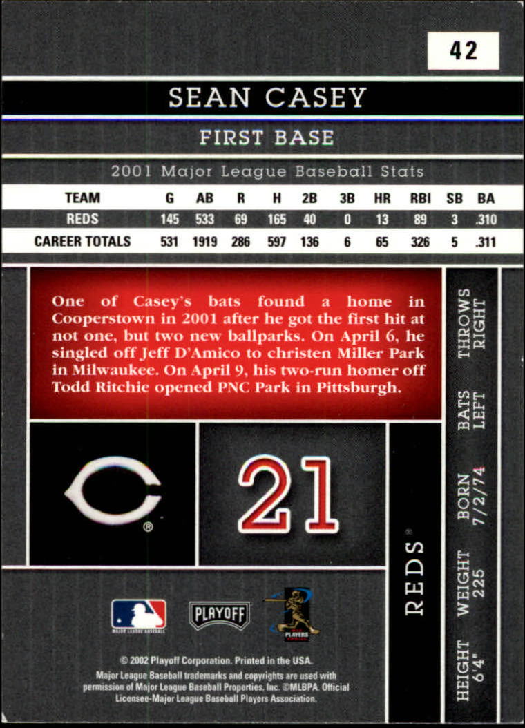 2002 Absolute Memorabilia #42 Sean Casey back image