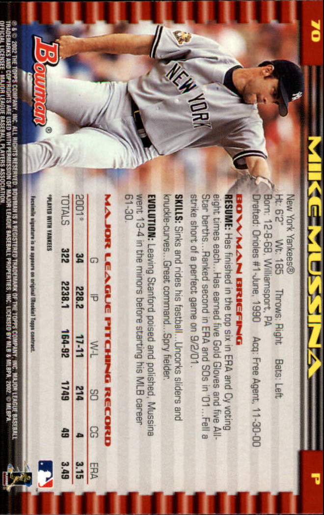 2002 Bowman #70 Mike Mussina back image