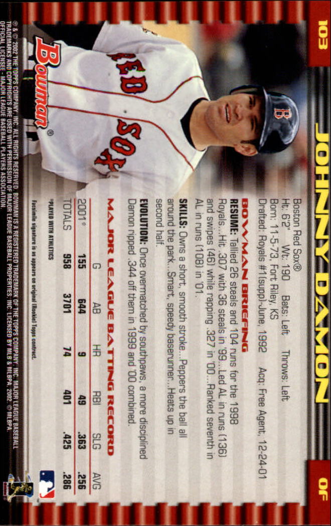 2002 Bowman #103 Johnny Damon Sox back image