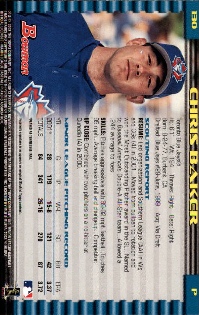 2002 Bowman #130 Chris Baker RC back image