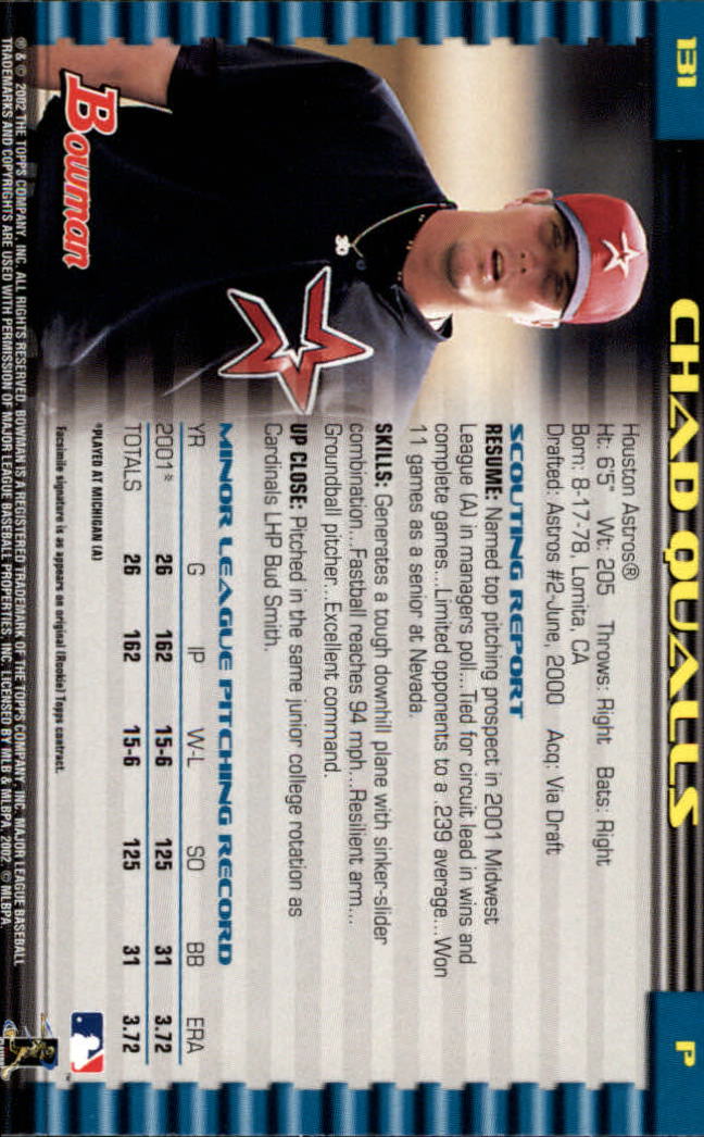 2002 Bowman #131 Chad Qualls RC back image