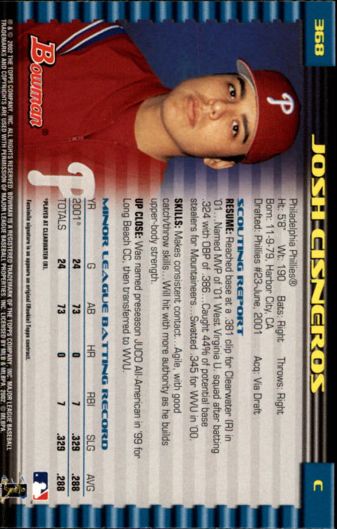 2002 Bowman #368 Josh Cisneros RC back image