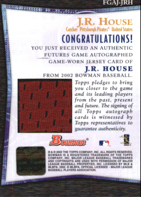 2002 Bowman Futures Game Autograph Relics #JRH J.R. House Jsy C back image