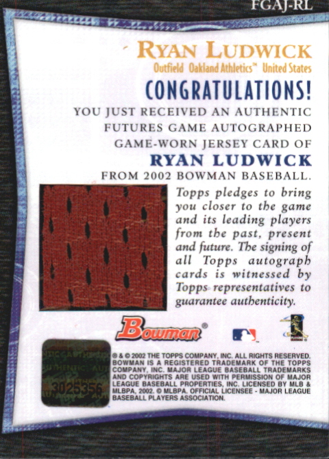 2002 Bowman Futures Game Autograph Relics #RL Ryan Ludwick Jsy C back image