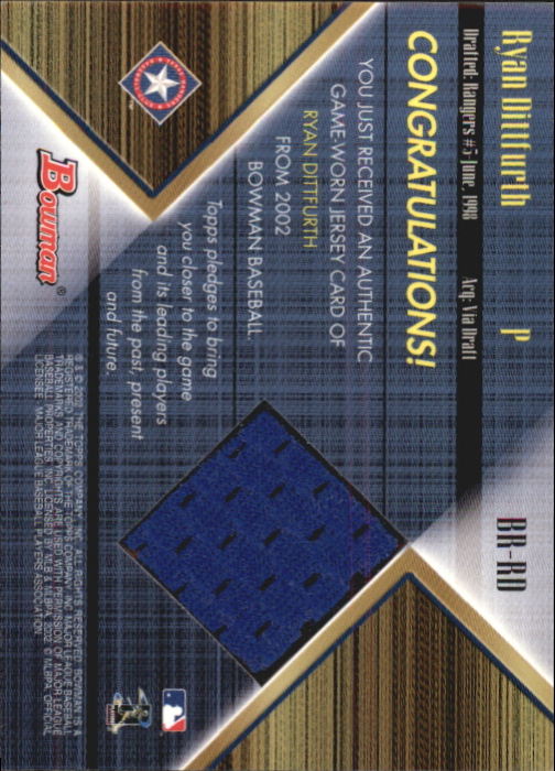 2002 Bowman Game Used Relics #BRRD Ryan Dittfurth Jsy C back image