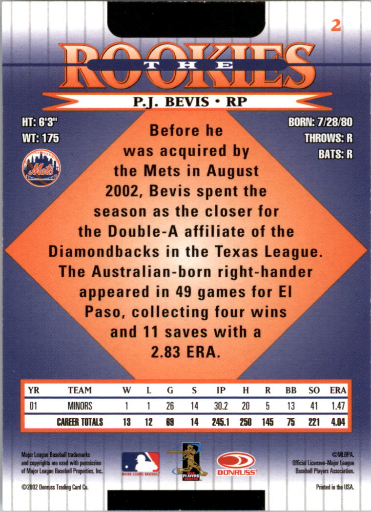 2002 Donruss Rookies #2 P.J. Bevis RC back image