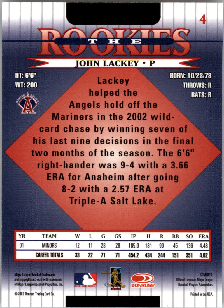 2002 Donruss Rookies #4 John Lackey back image