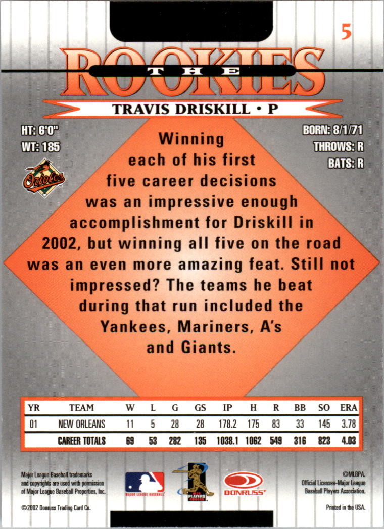 2002 Donruss Rookies #5 Travis Driskill RC back image