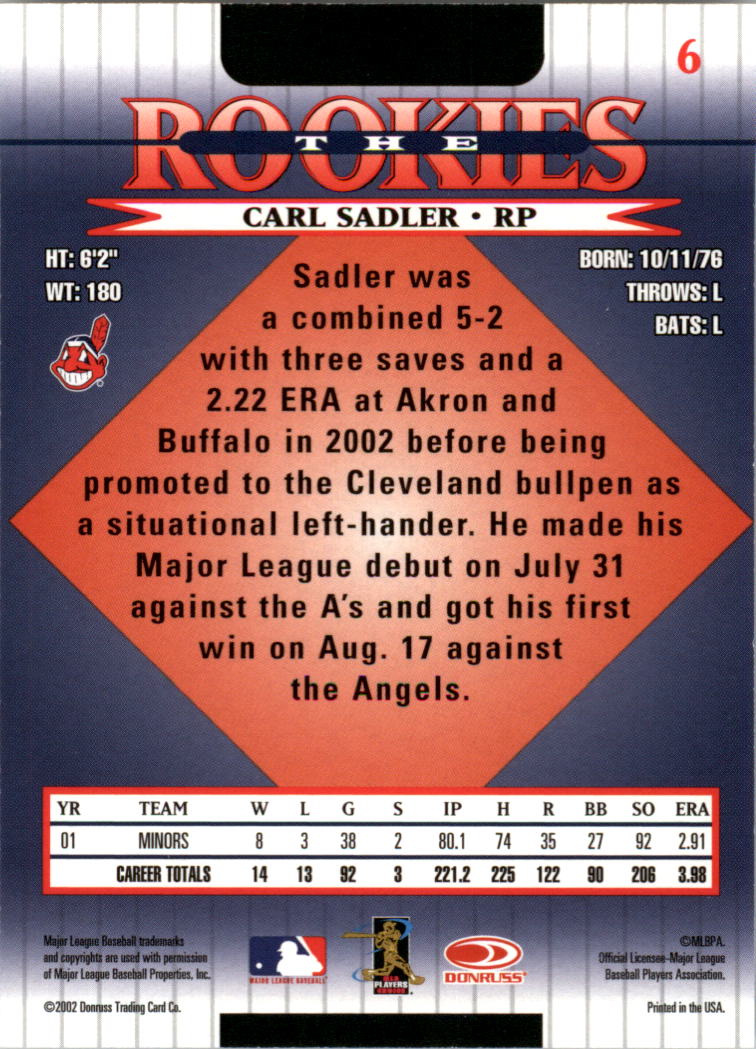 2002 Donruss Rookies #6 Carl Sadler RC back image