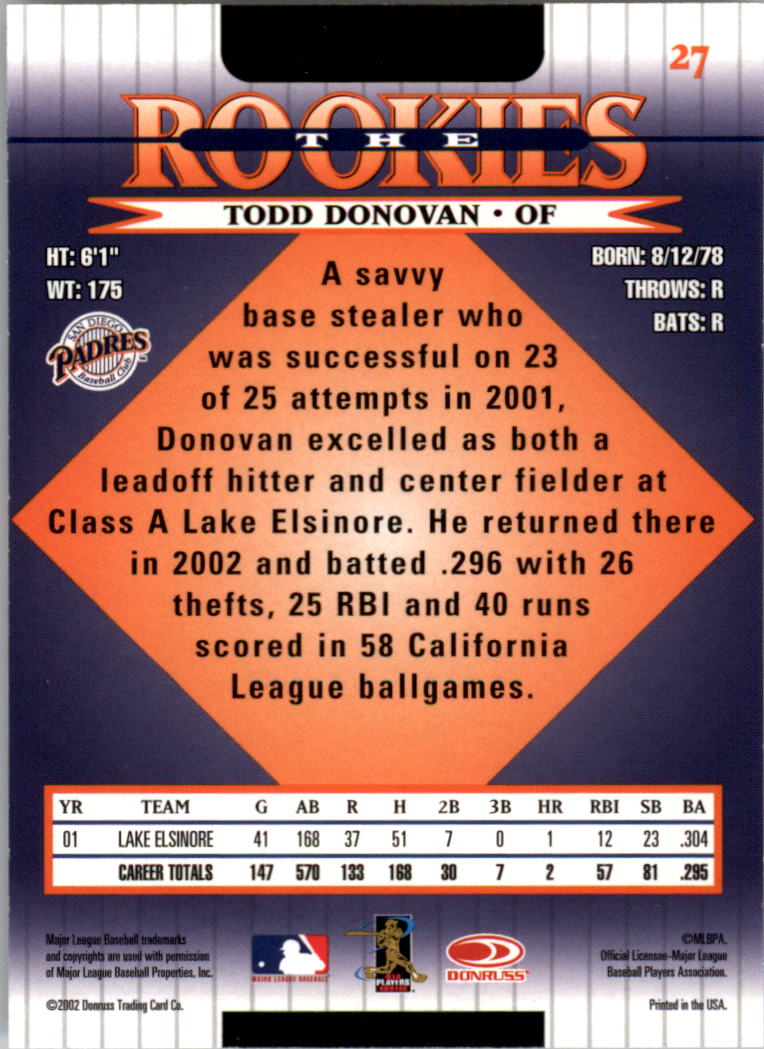 2002 Donruss Rookies #27 Todd Donovan RC back image