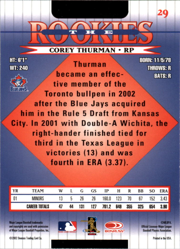 2002 Donruss Rookies #29 Corey Thurman RC back image