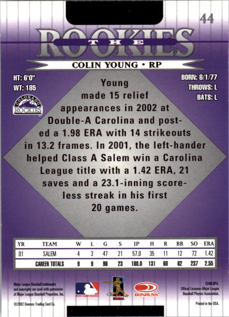 2002 Donruss Rookies #44 Colin Young RC back image