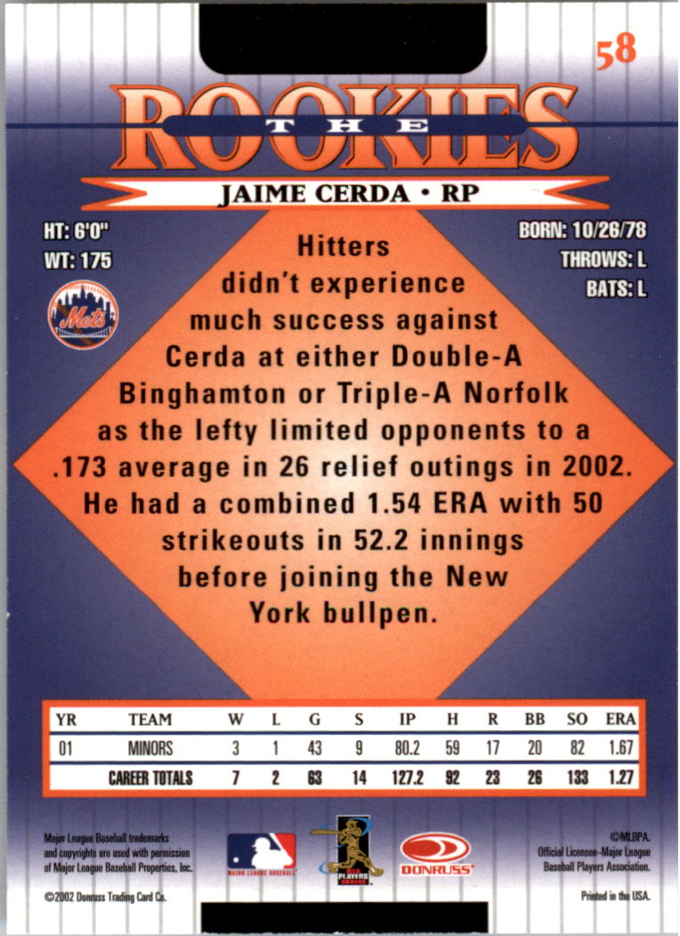 2002 Donruss Rookies #58 Jaime Cerda RC back image
