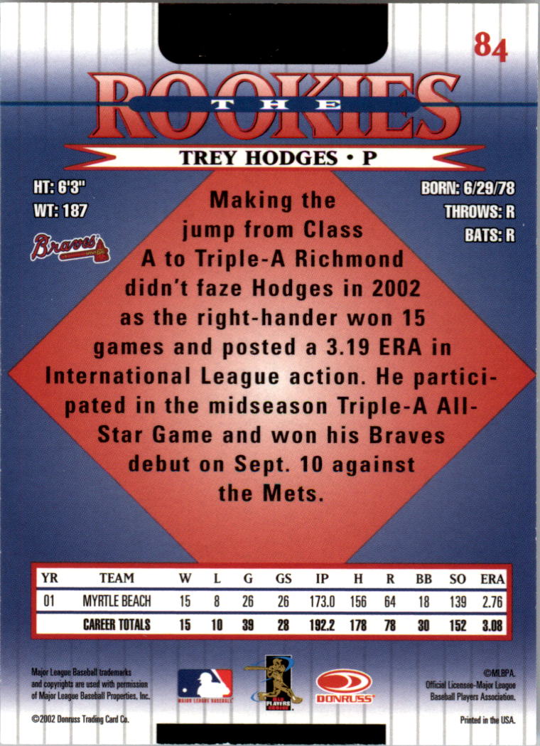 2002 Donruss Rookies #84 Trey Hodges RC back image