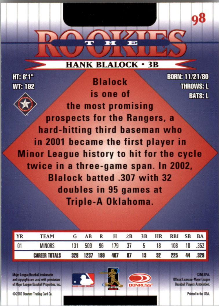 2002 Donruss Rookies #98 Hank Blalock back image