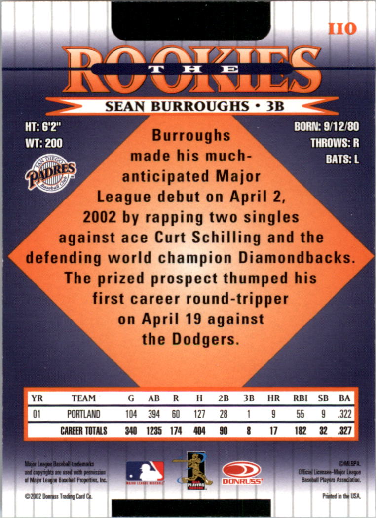 2002 Donruss Rookies #110 Sean Burroughs back image