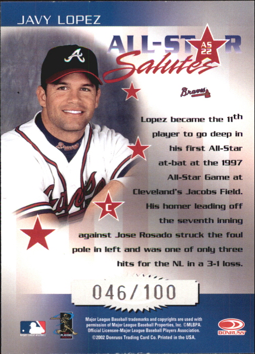2002 Donruss Elite All-Star Salutes Century #22 Javy Lopez back image