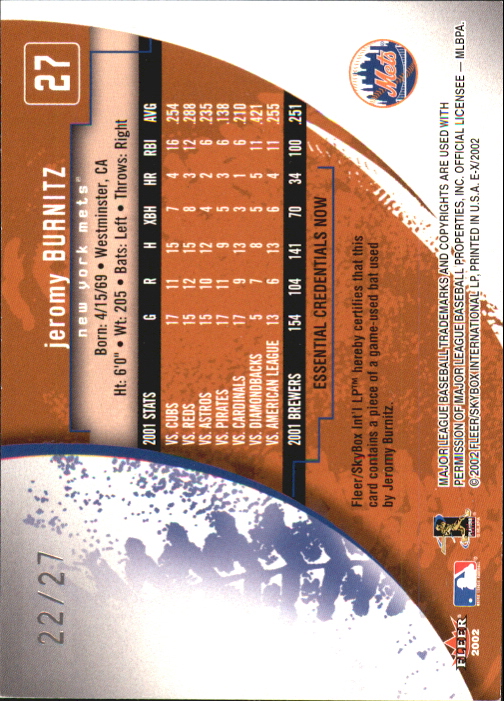 2002 E-X Essential Credentials Now #27 Jeromy Burnitz Bat/27 back image