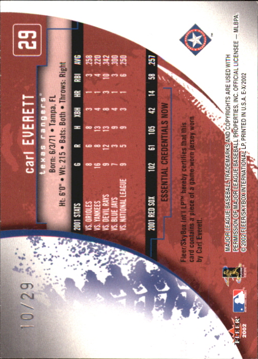 2002 E-X Essential Credentials Now #29 Carl Everett Jsy/29 back image