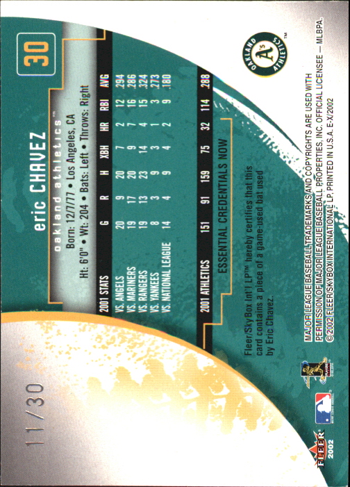 2002 E-X Essential Credentials Now #30 Eric Chavez Bat/30 back image