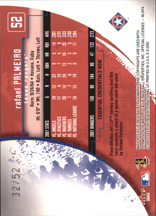 2002 E-X Essential Credentials Now #52 Rafael Palmeiro Bat/52 back image